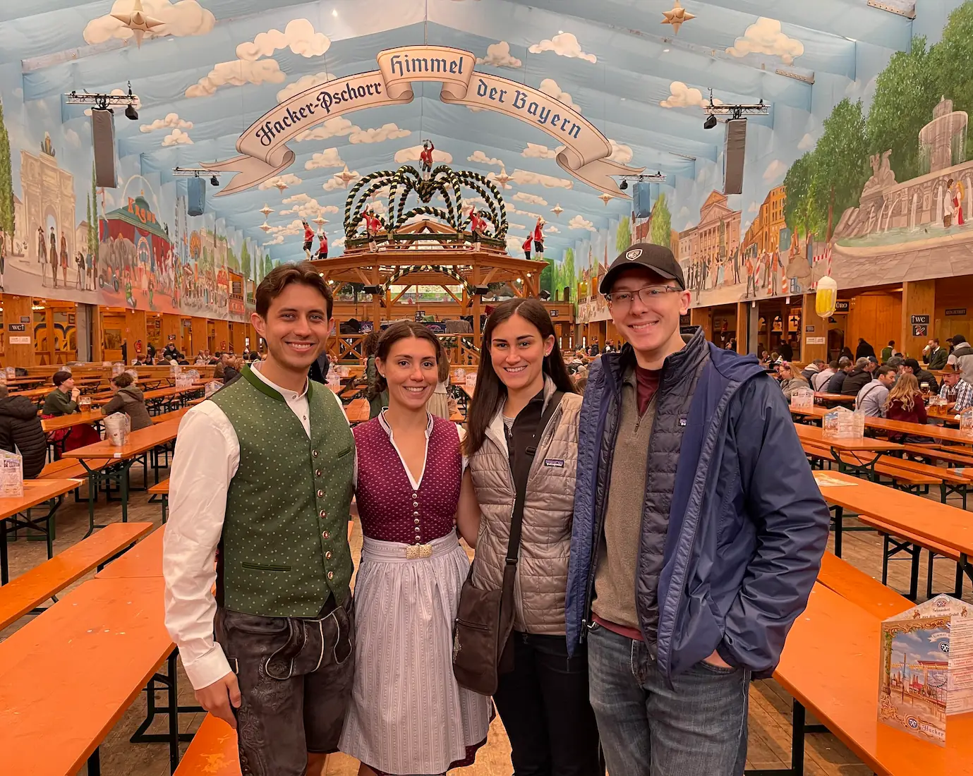 Danielle, Quentin, Megan, and Jonathan in a beer tent at Oktoberfest.