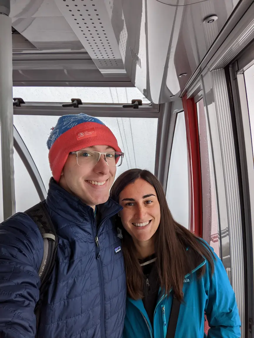 Danielle and Quentin in a cable car heading up to the top of Mount Pilatus in Switzerland.