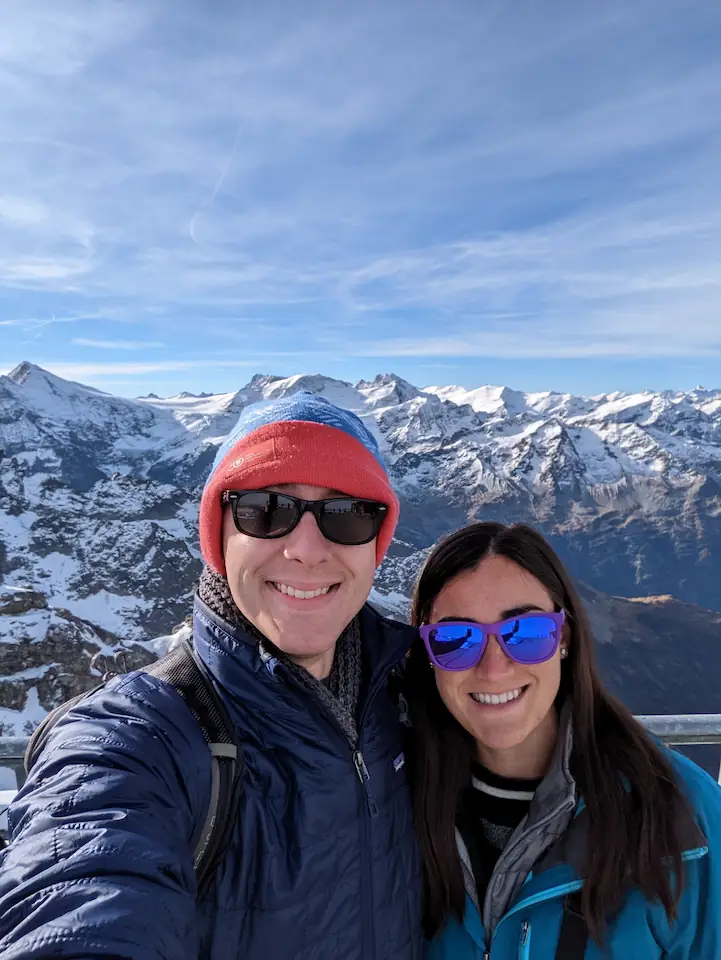 Danielle and Quentin on a bright, sunny day at the summit of Mount Titlis in Switzerland.